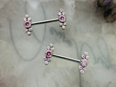 Pair of 14G Implant Grade Titanium Internally Threaded Sparkling Bezel Set Pink Gems End Nipple Barbell
